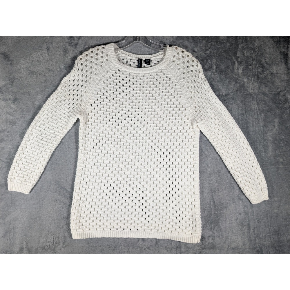 Cynthia Rowley Womens L Ivory White Wide Open Knit 100% Cotton Crew Neck Sweater